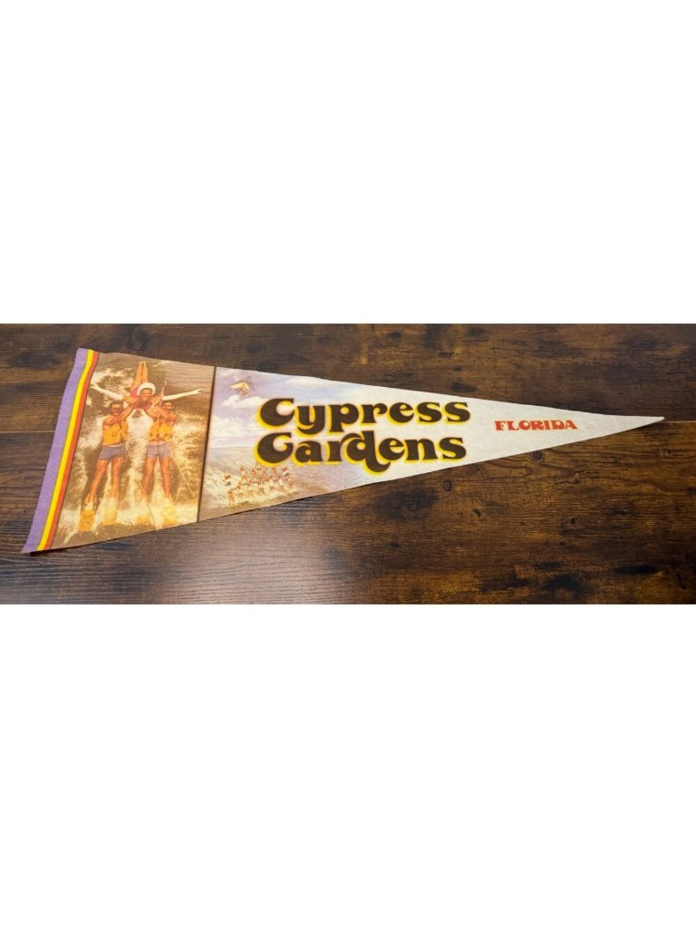 Vintage Cypress Gardens Florida Souvenir Pennant With Water Skiing Scene Felt